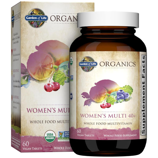 Garden of Life Organics Women 40+ multi bottle on shelf supports daily energy and metabolism.