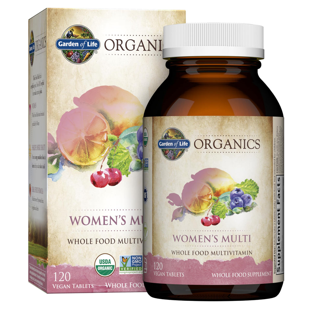 Garden of Life Organics Women's Multi bottle front showing organic vegan vitamins for energy