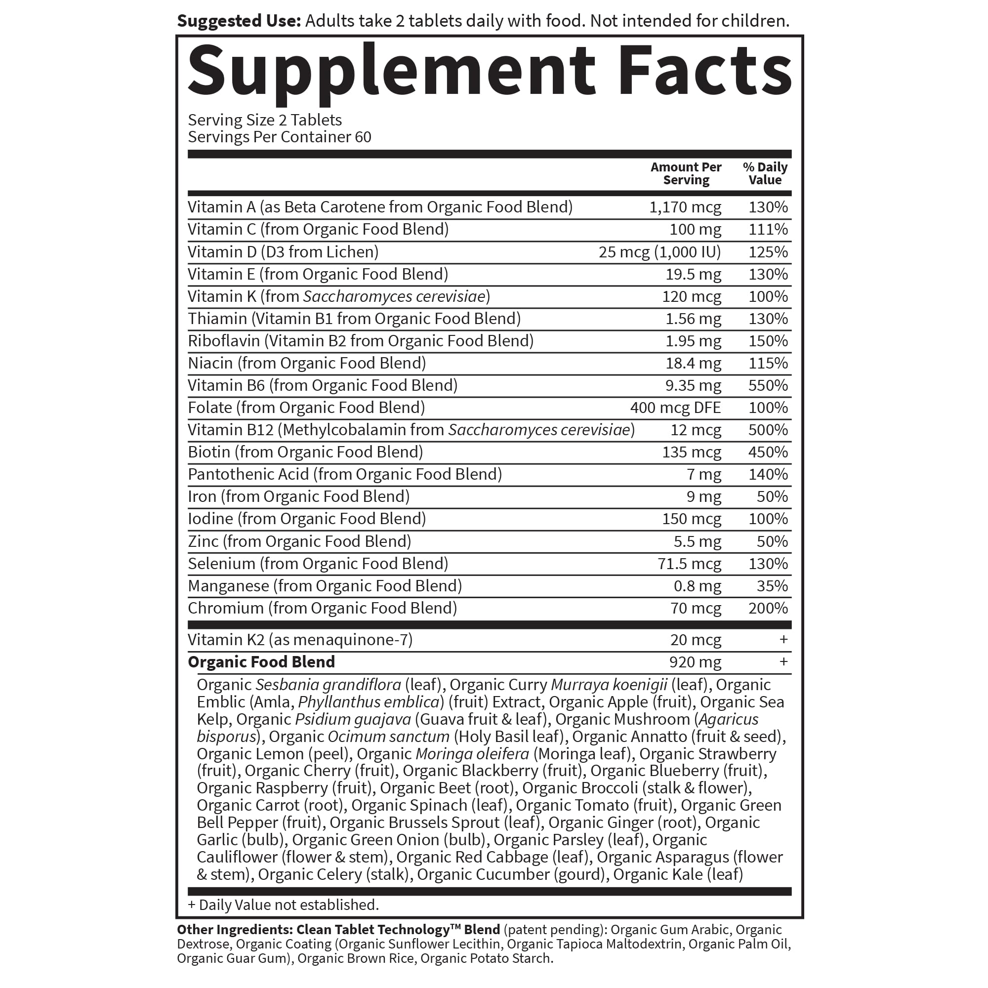 Garden of Life Organics Women's Multi nutrition facts panel lists 16 vitamins with DV