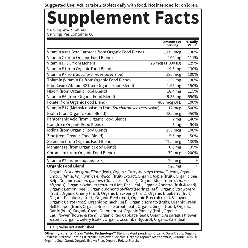 Garden of Life Organics Women's Multi nutrition facts panel lists 16 vitamins with DV