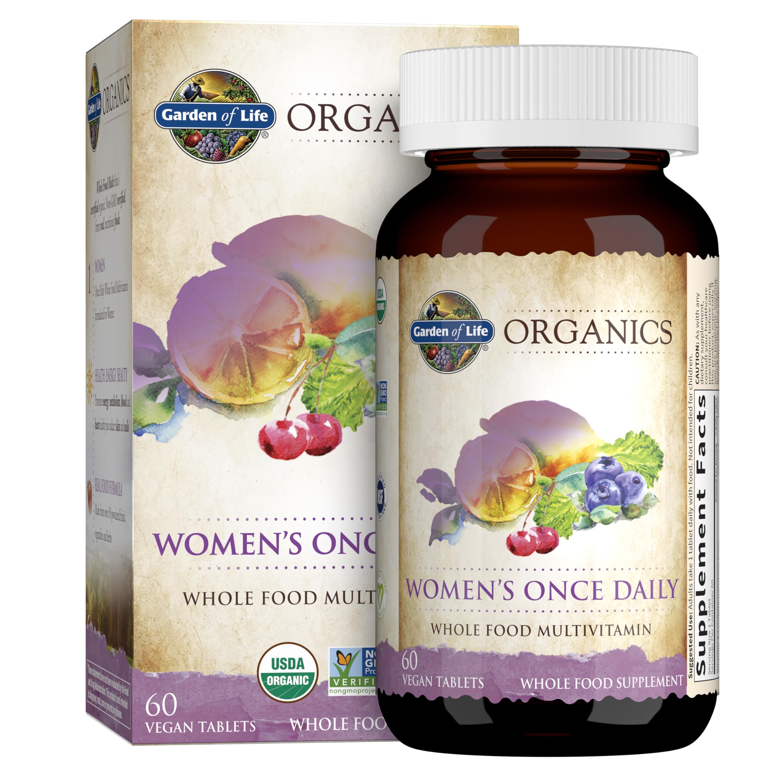 Garden of Life Organics Women's Multivitamin bottle showing one daily formula for energy and vitality