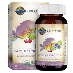 Garden of Life Organics Women's Multivitamin bottle showing one daily formula for energy and vitality
