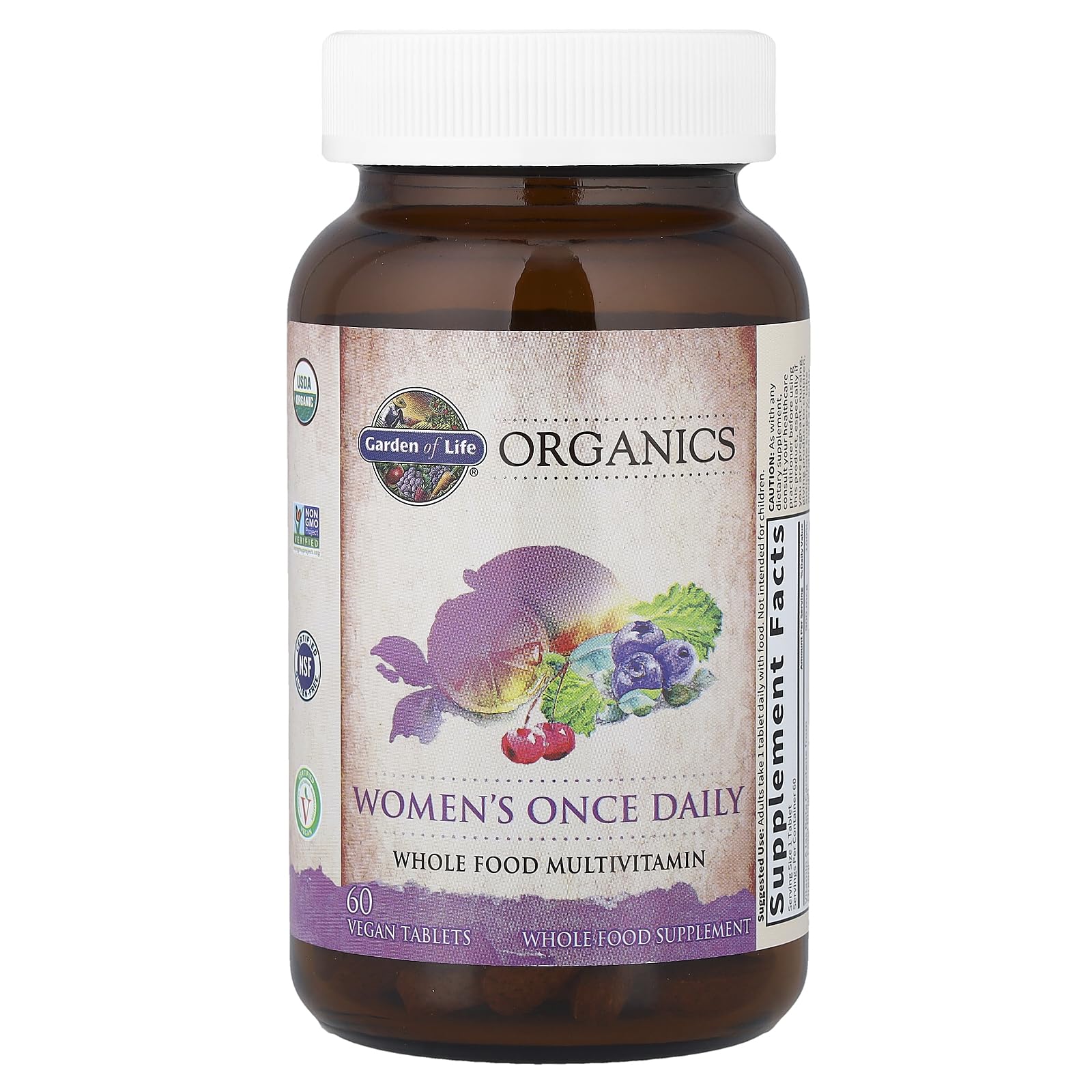 Garden of Life Organics Women's Multivitamin packshot emphasizing real-food ingredients