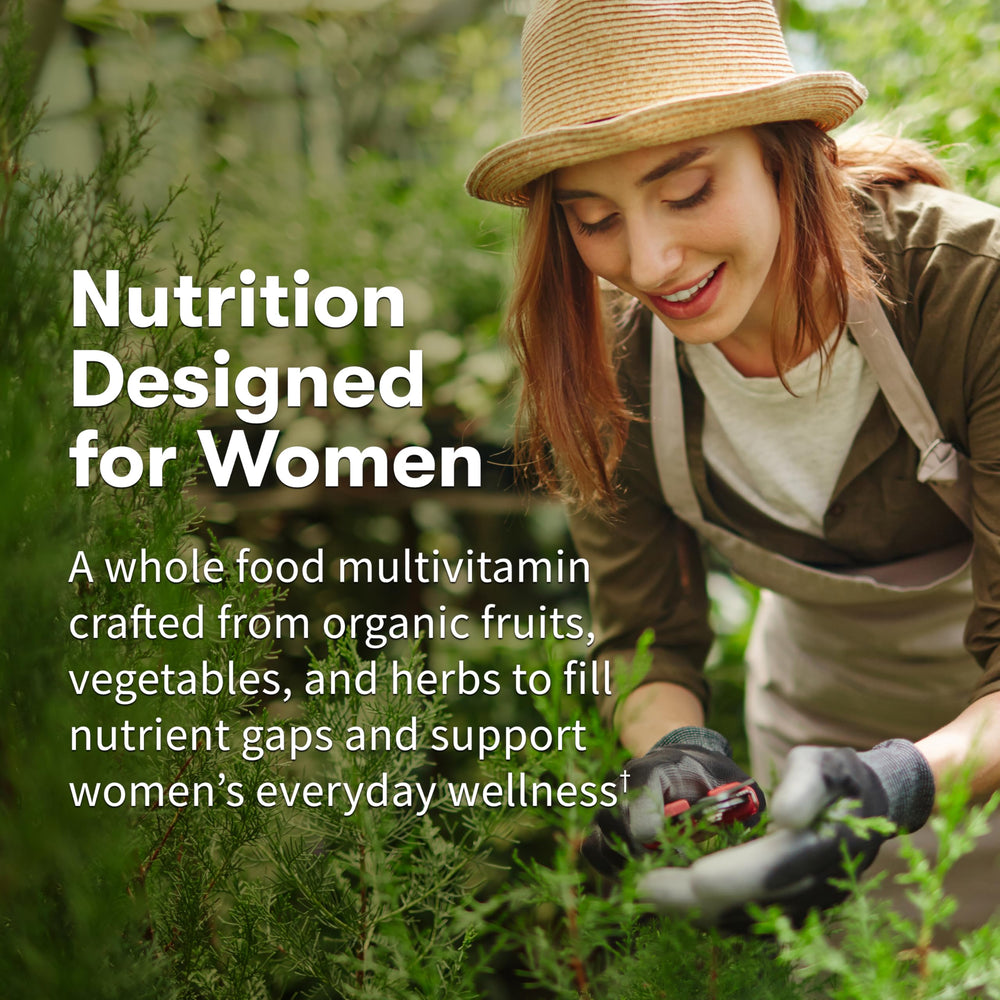Garden of Life Organics Women's Multivitamin tablets close-up highlighting hair, skin, and nails support