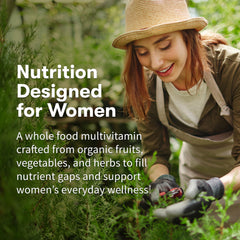 Garden of Life Organics Women's Multivitamin tablets close-up highlighting hair, skin, and nails support