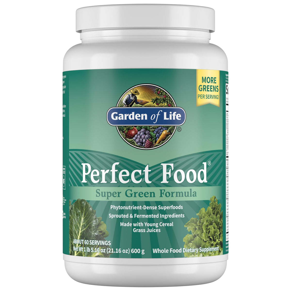 Garden of Life Perfect Food Super Green Formula bottle front showing daily greens.