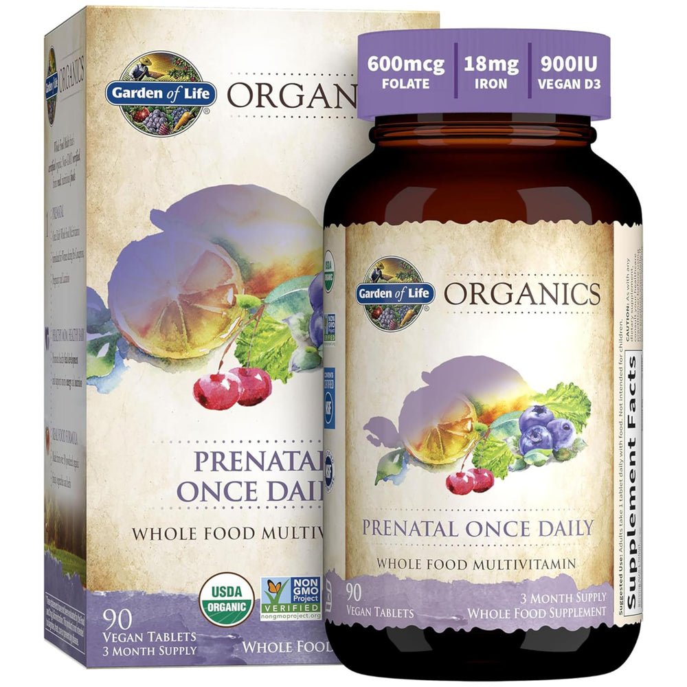Garden of Life Prenatal bottle front view, highlighting the easy one-a-day format.