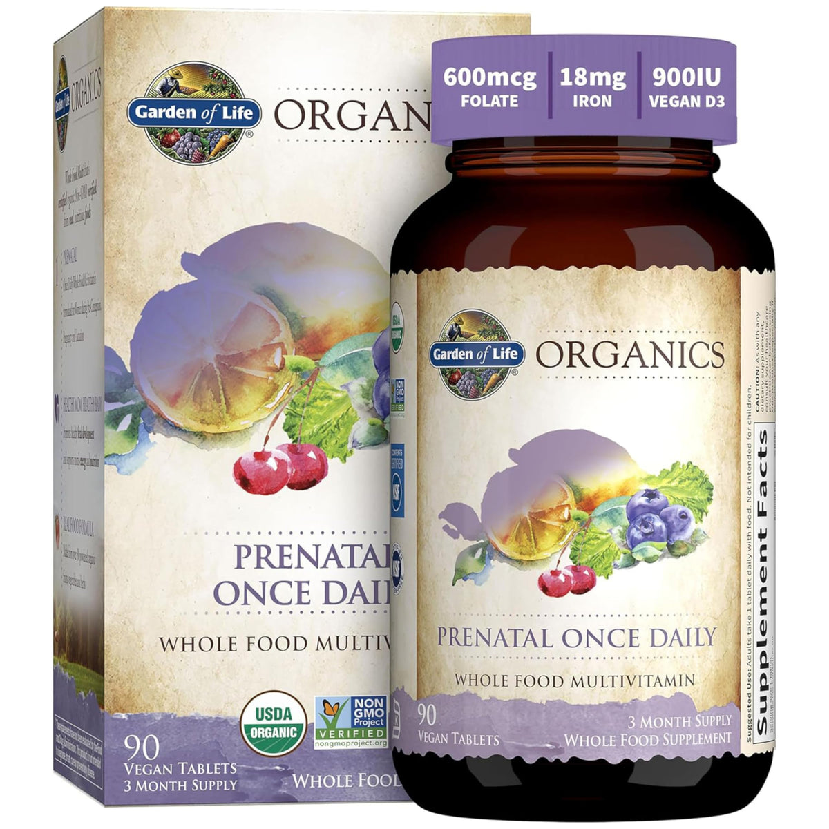 Garden of Life Prenatal bottle front view, highlighting the easy one-a-day format.