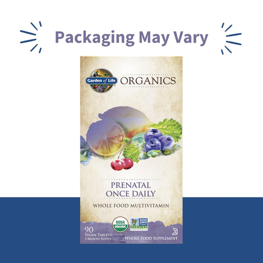Garden of Life Prenatal bottle label showing organic certifications and clean nutrition.
