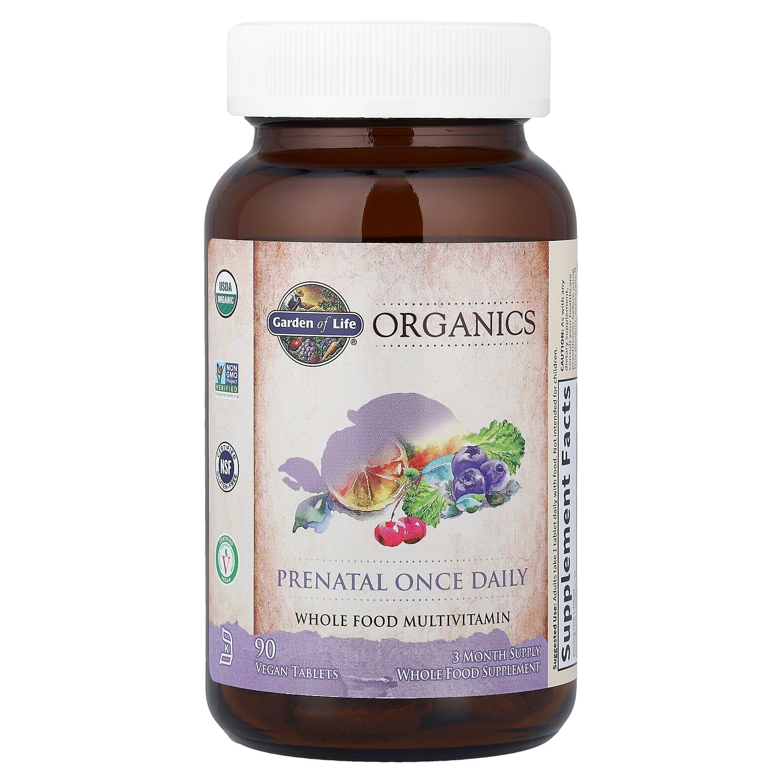 Garden of Life Prenatal ingredients overview with 30+ organic fruits and herbs.