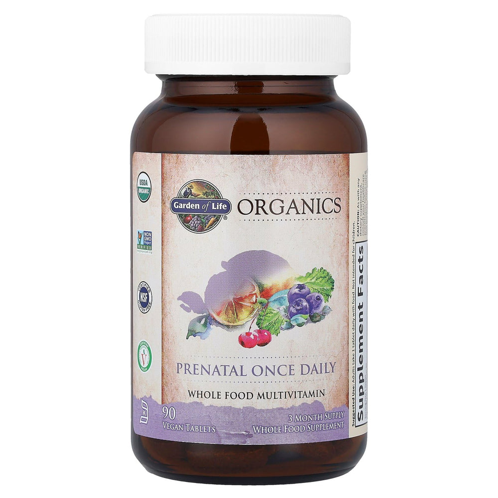 Garden of Life Prenatal ingredients overview with 30+ organic fruits and herbs.