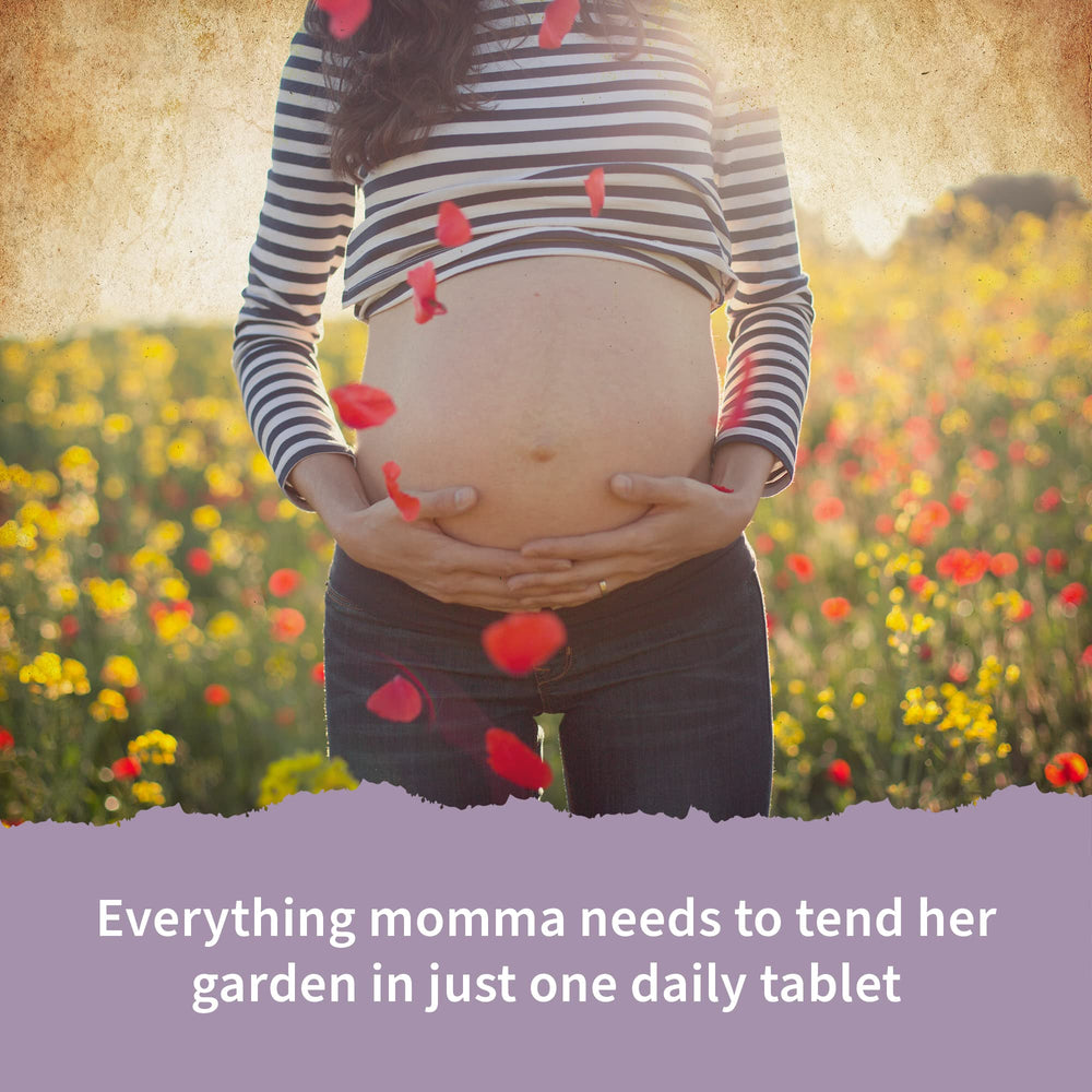 Close-up of Garden of Life Prenatal tablets, emphasizing a smooth, easy-to-digest form.