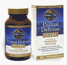 Garden of Life Primal Defense Ultra bottle showcases gut balance support for daily wellness.