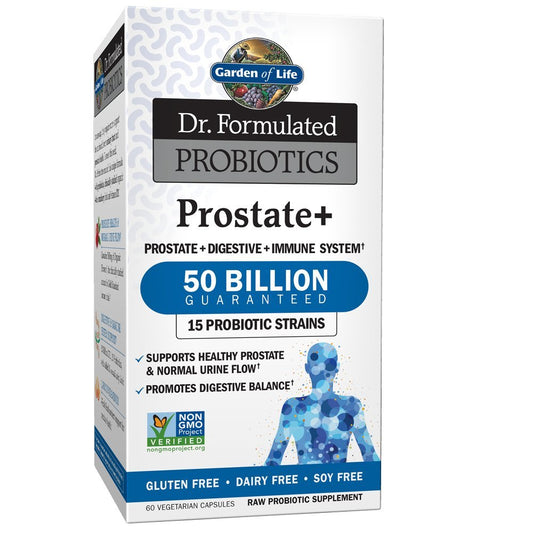 Garden of Life Prostate+ bottle front view highlighting 50B CFU probiotic blend for men