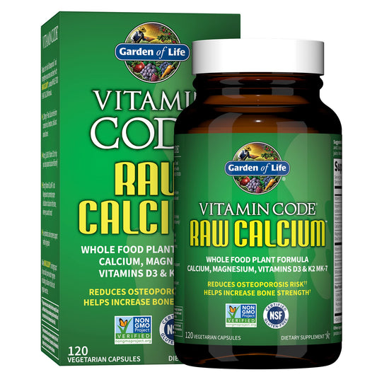 Garden of Life Raw Calcium bottle highlights algaeCal calcium for bone support and overall wellness