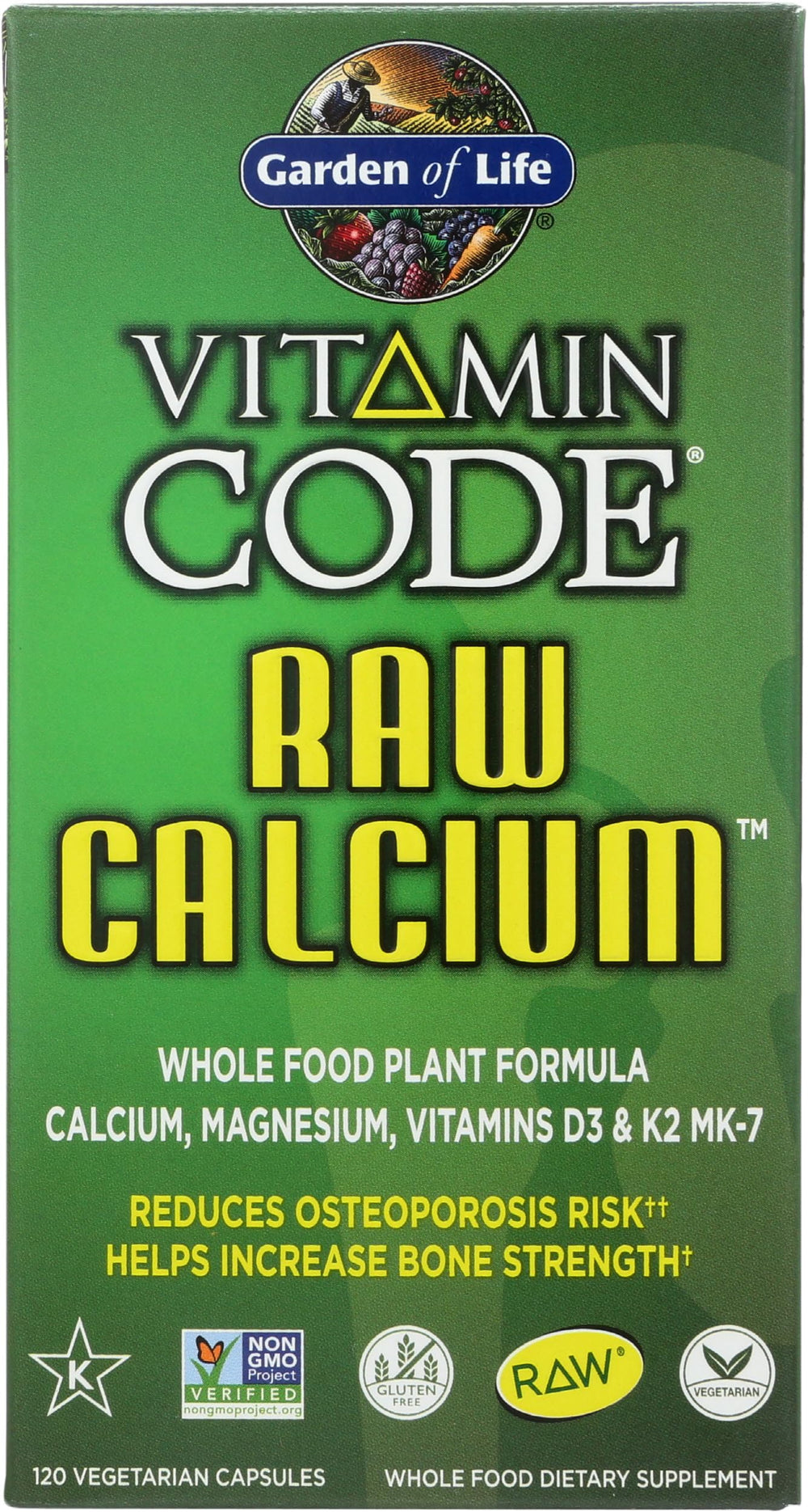 Garden of Life Raw Calcium capsules closeup emphasizes algaeCal calcium source and trace minerals