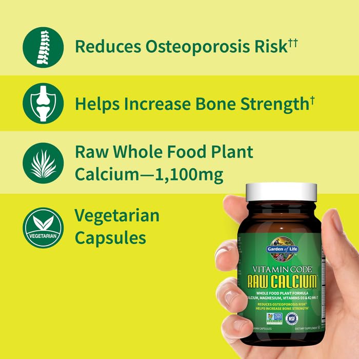 Garden of Life Raw Calcium label detail shows K2, D3, and probiotic blend for digestion