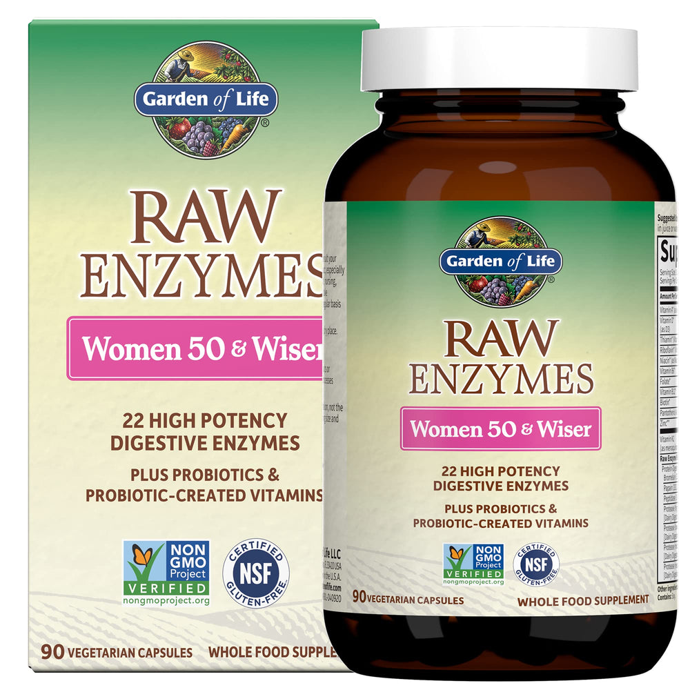 Garden of Life RAW Enzymes 22 for Women 50+ bottle front shows broad digestive support