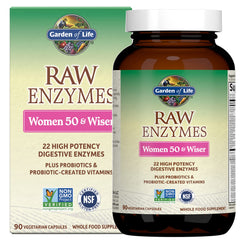 Garden of Life RAW Enzymes 22 for Women 50+ bottle front shows broad digestive support