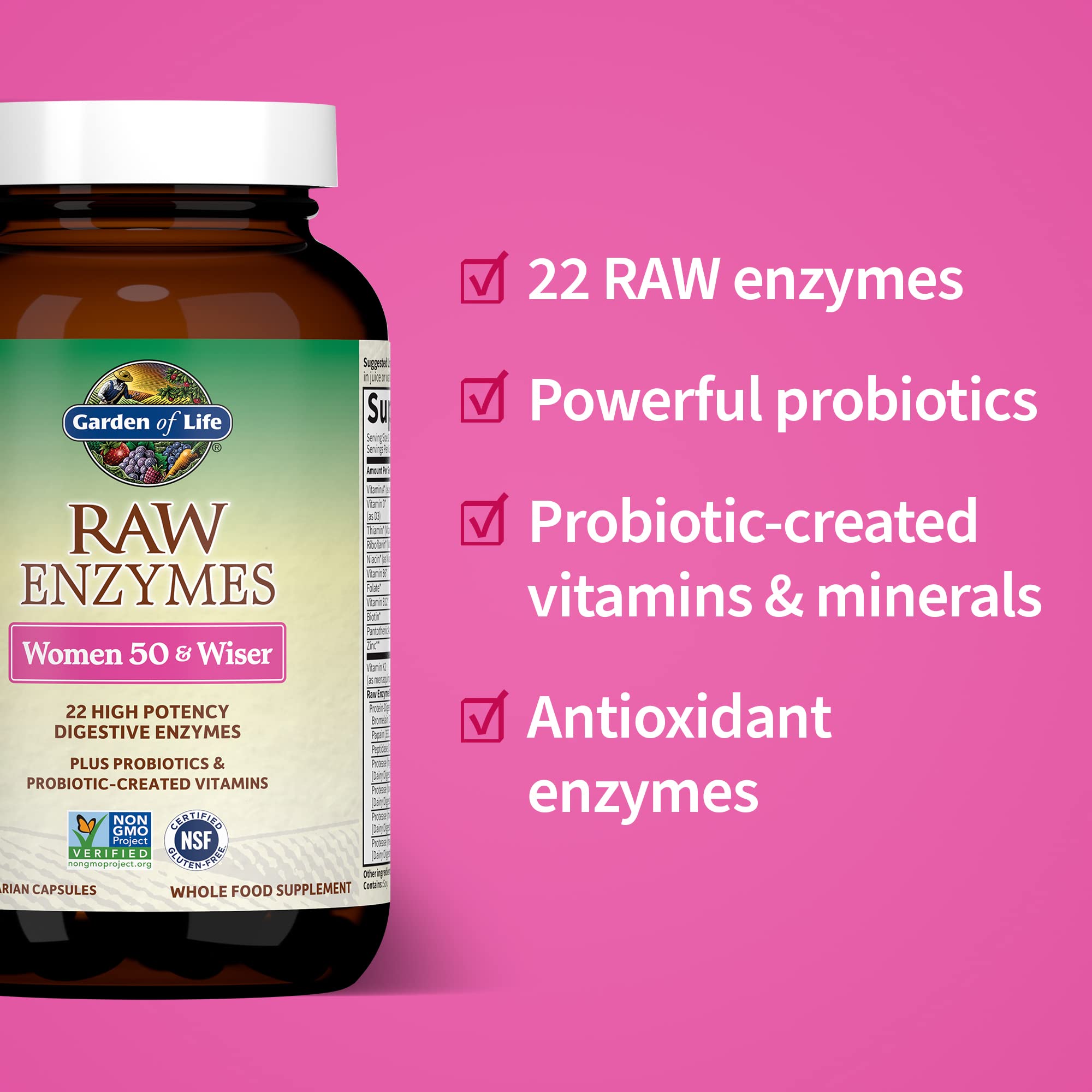 Garden of Life RAW Enzymes 22 for Women 50+ bromelain, papain, lactase panel
