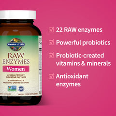Garden of Life RAW Enzymes ingredients chart image demonstrates 22 enzymes and probiotic support.