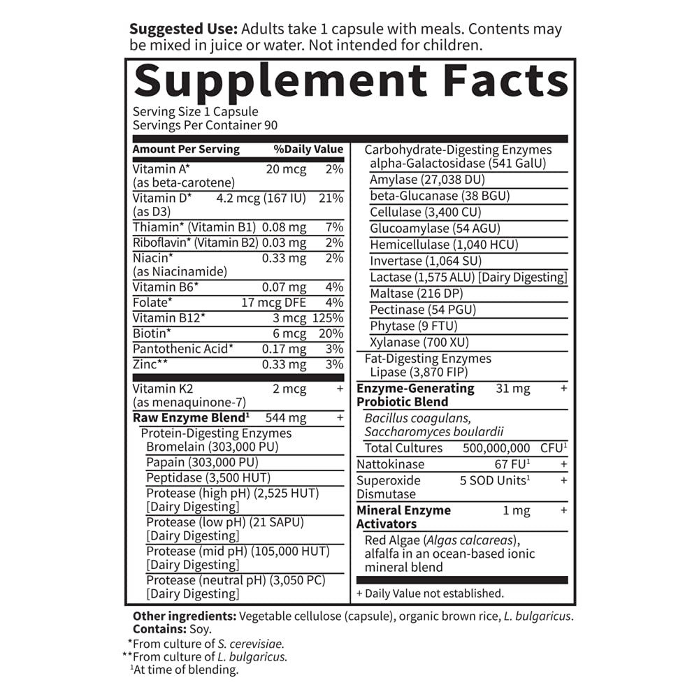 Garden of Life RAW Enzymes for Women capsules illustrate probiotic blend and vitamin support.