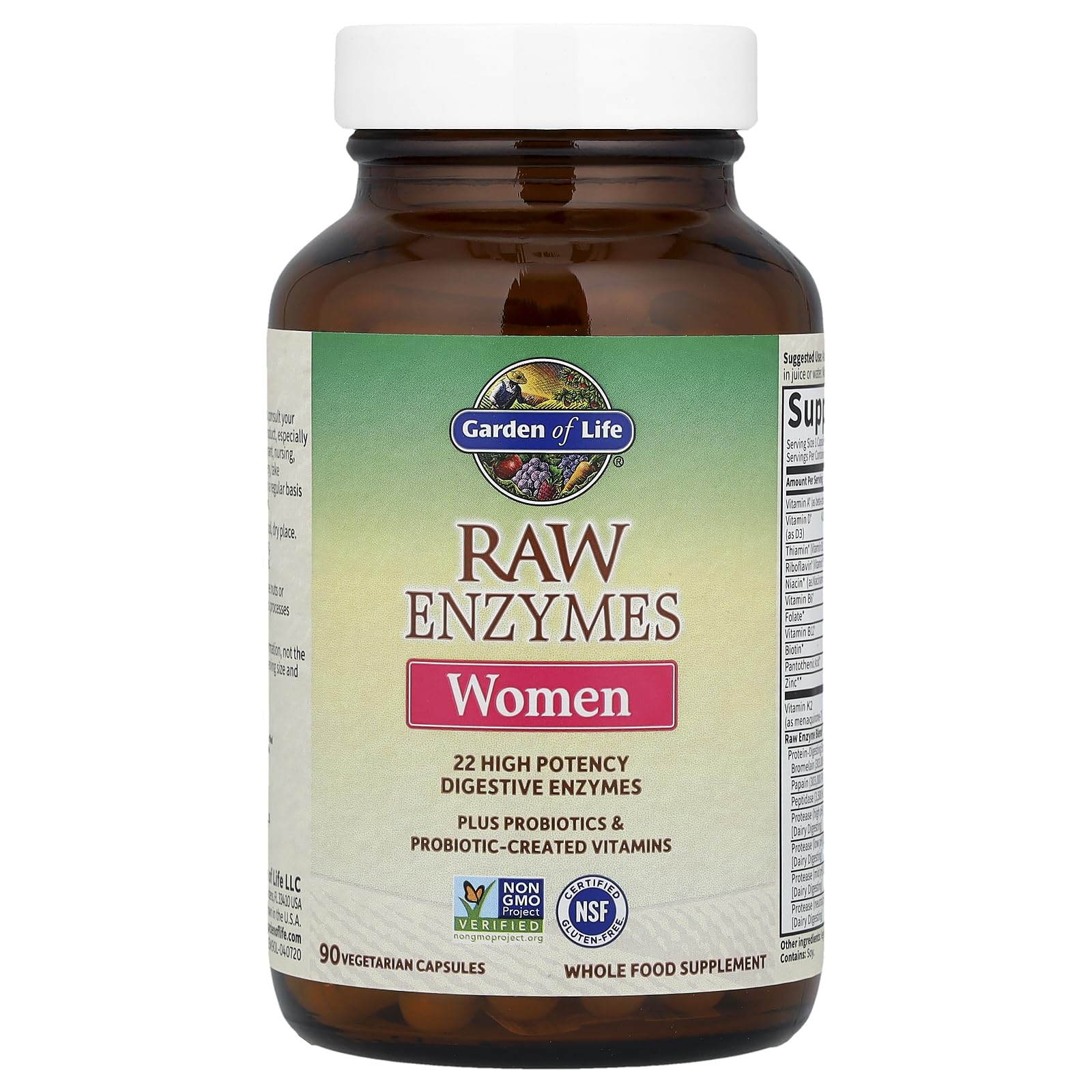 Garden of Life RAW Enzymes for Women label highlights gluten-free, non-GMO, vegetarian formulation.