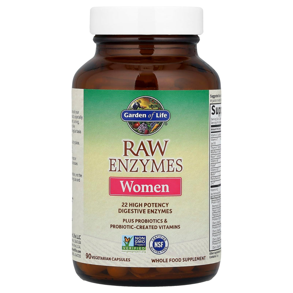 Garden of Life RAW Enzymes for Women label highlights gluten-free, non-GMO, vegetarian formulation.