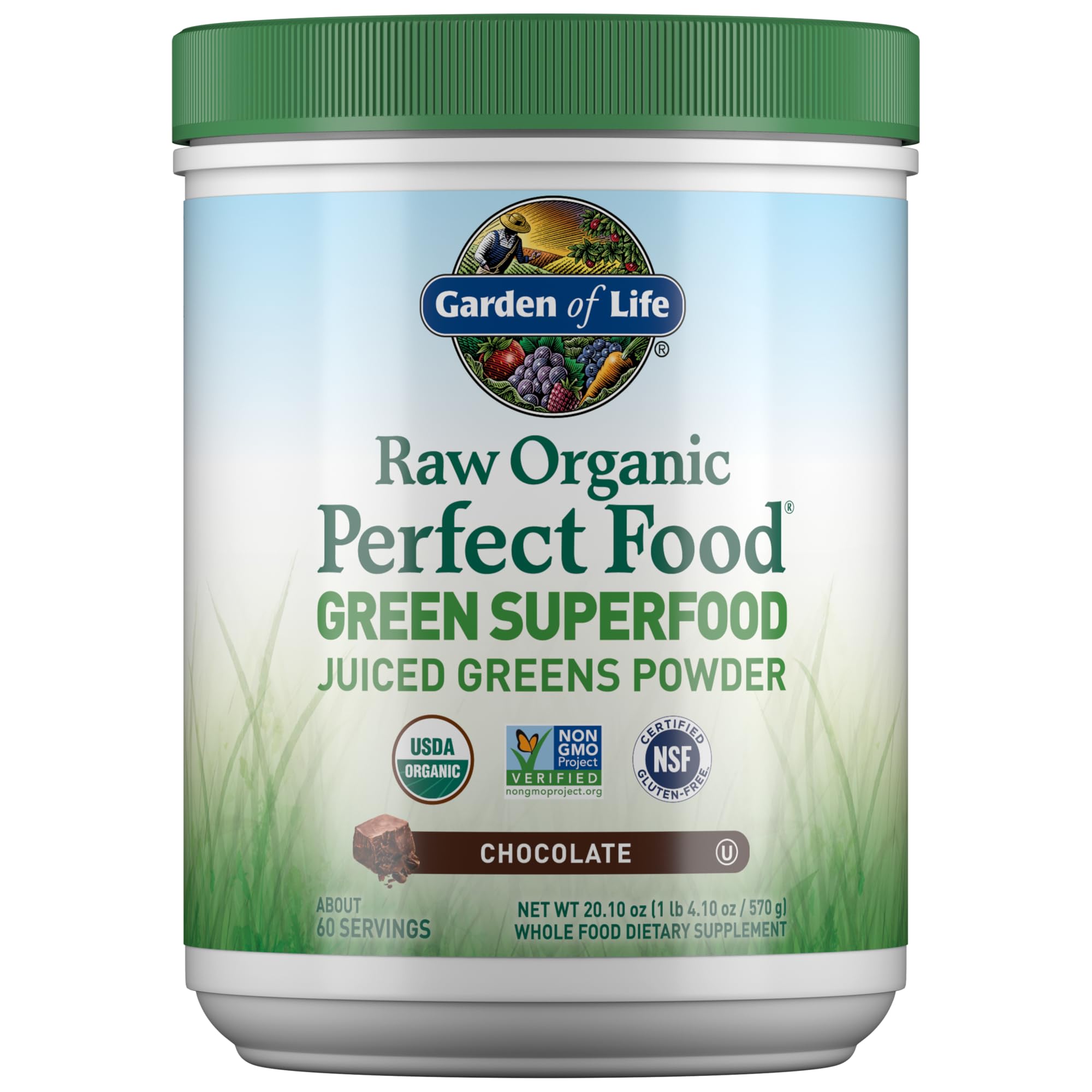 Garden of Life green superfood powder in chocolate tub highlighting raw greens for daily vitality
