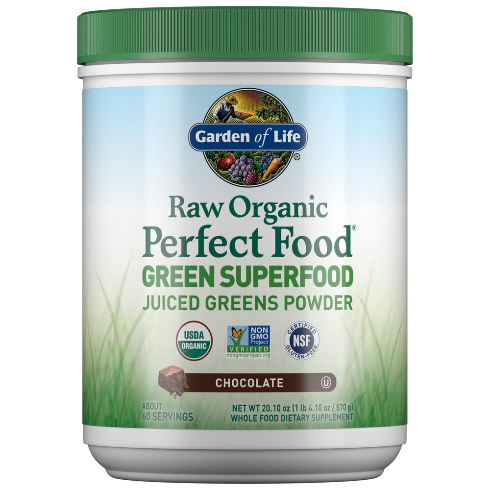 Garden of Life green superfood powder in chocolate tub highlighting raw greens for daily vitality