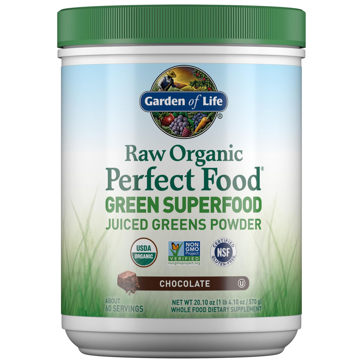Garden of Life green superfood powder in chocolate tub highlighting raw greens for daily vitality
