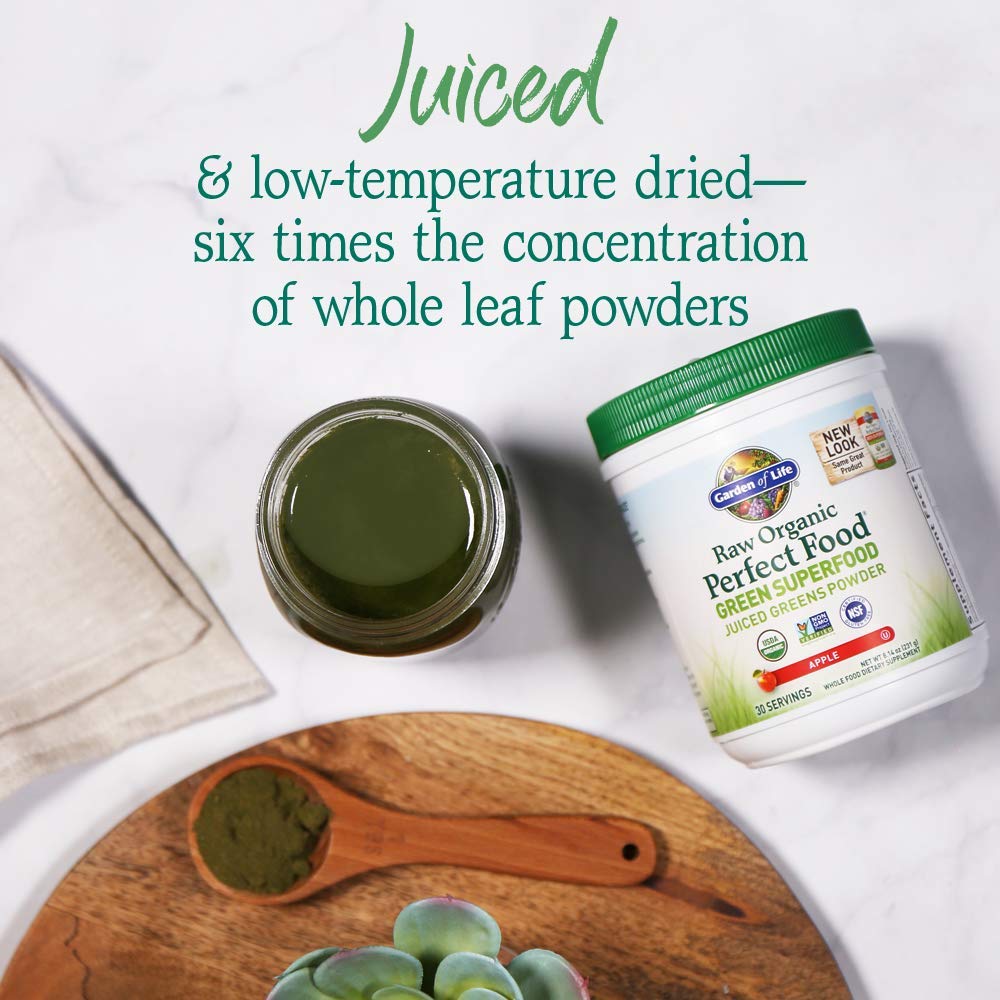 Garden of Life ingredients layout featuring greens, sprouts and vegetable juices
