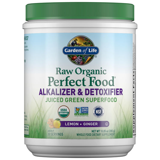 Garden of Life Raw Organic Perfect Food powder in a scoop for easy daily greens.