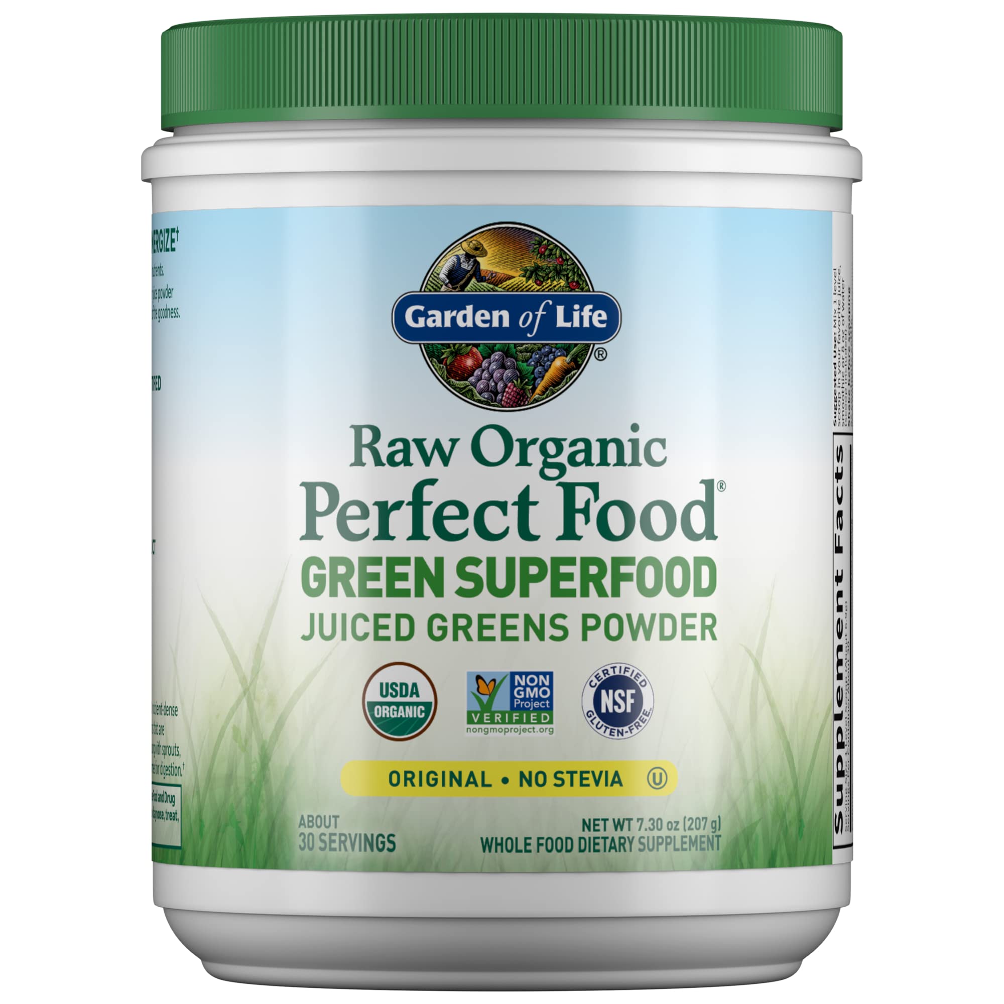 Garden of Life Raw Organic Perfect Food powder in a tub for daily greens boost
