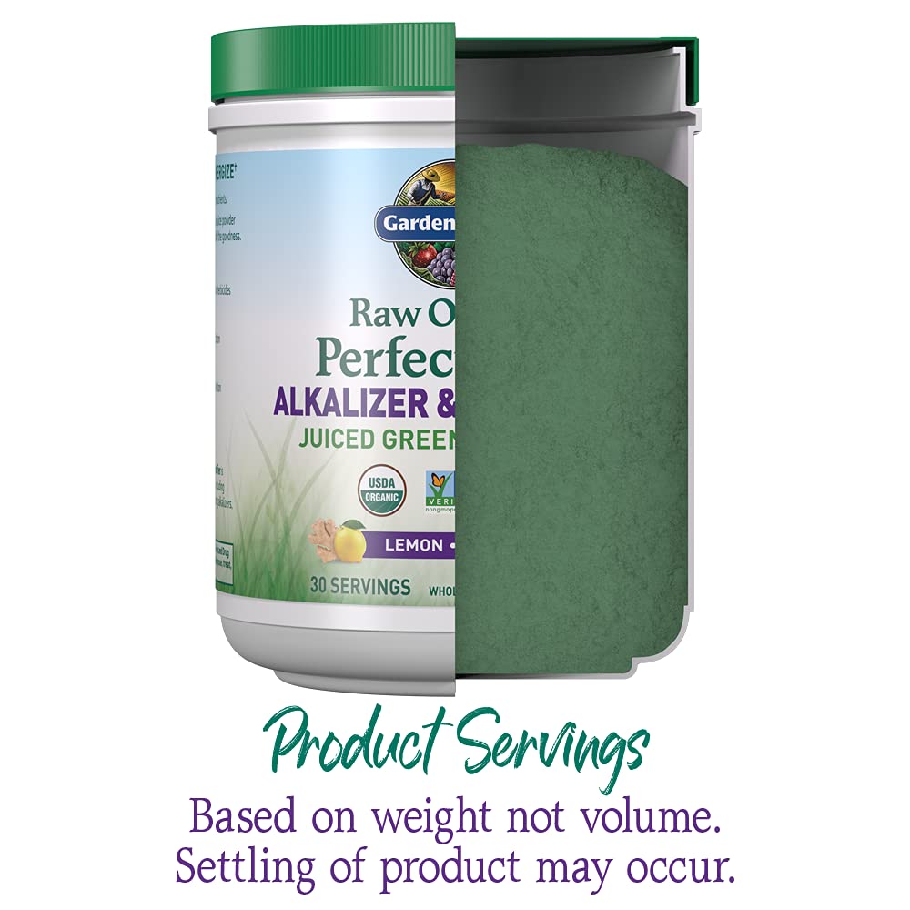 Garden of Life Raw Organic Perfect Food spoon-dispense close-up for quick servings.