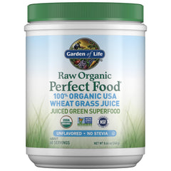Garden of Life Raw Organic Perfect Food wheat grass juice powder tub ready for daily greens