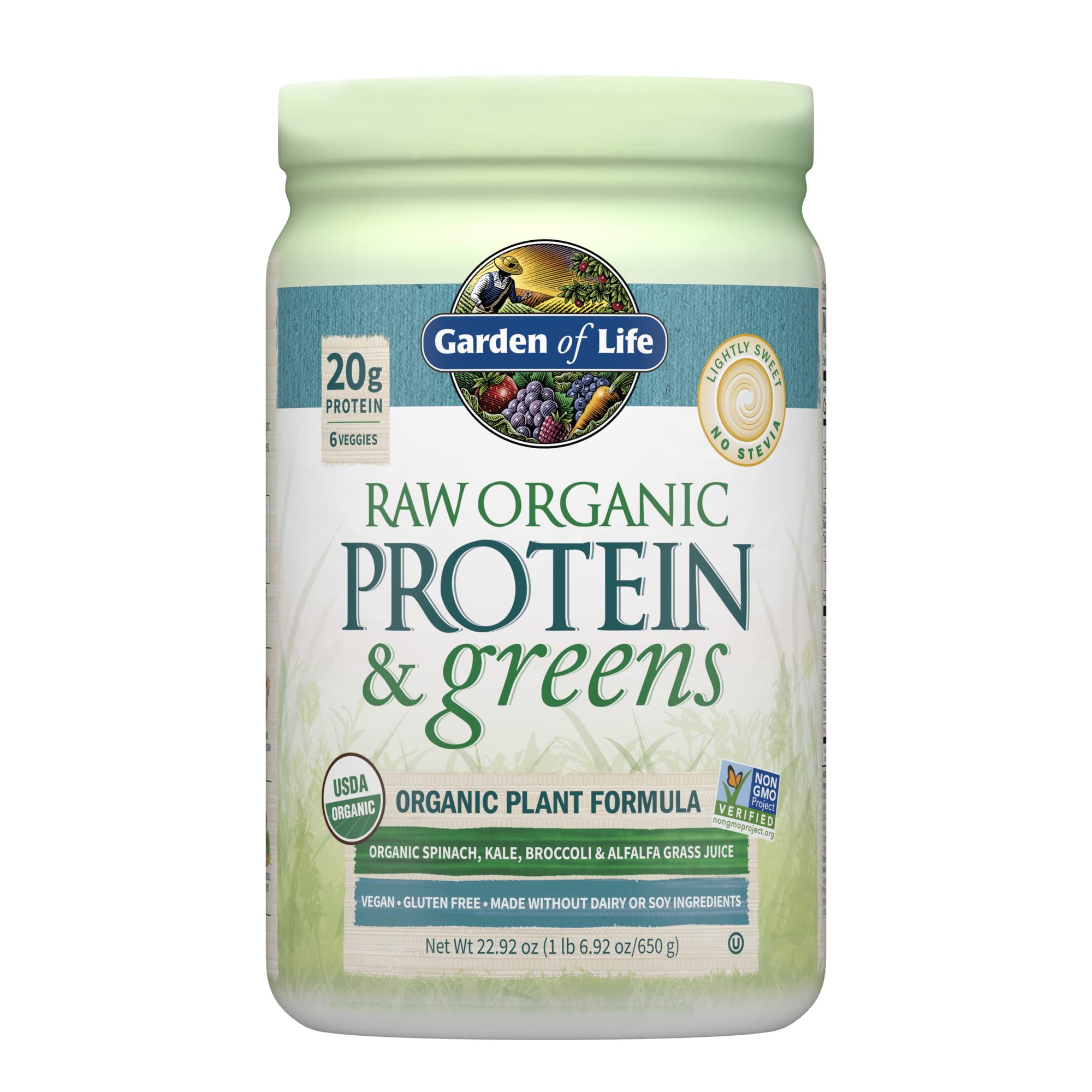 Garden of Life Raw Organic Protein & Greens tub label close-up shows organic quality.