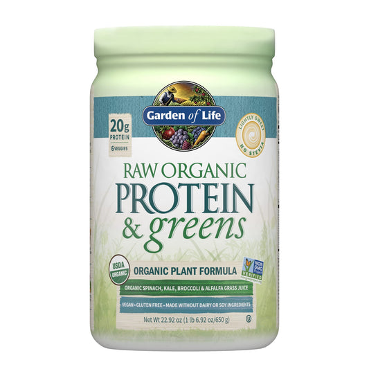 Garden of Life Raw Organic Protein & Greens tub label close-up shows organic quality.