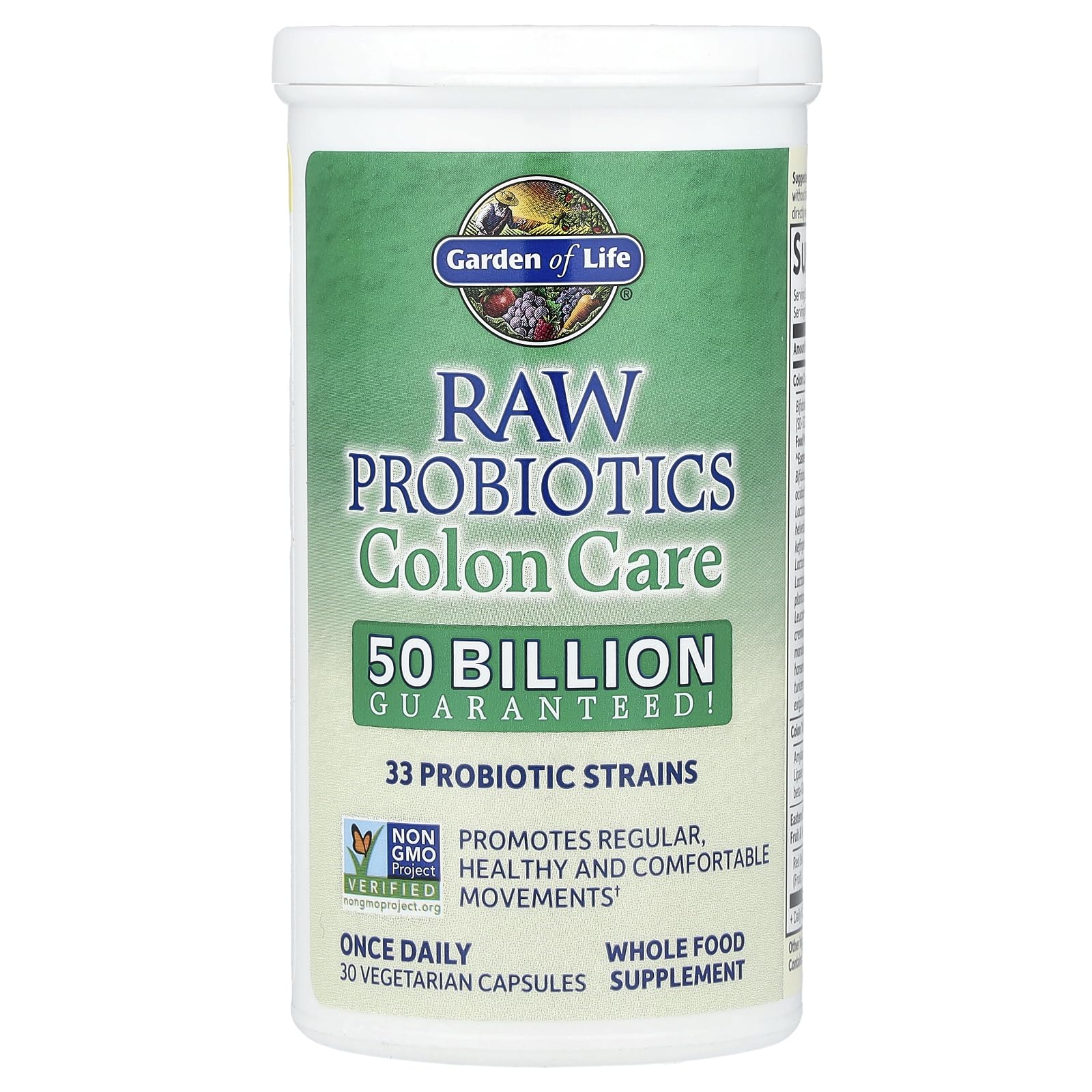 Garden of Life Raw Probiotics Colon Care blend image shows high potency gut health formula