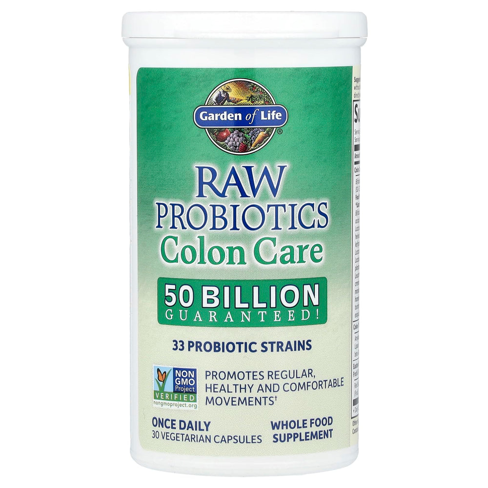 Garden of Life Raw Probiotics Colon Care blend image shows high potency gut health formula