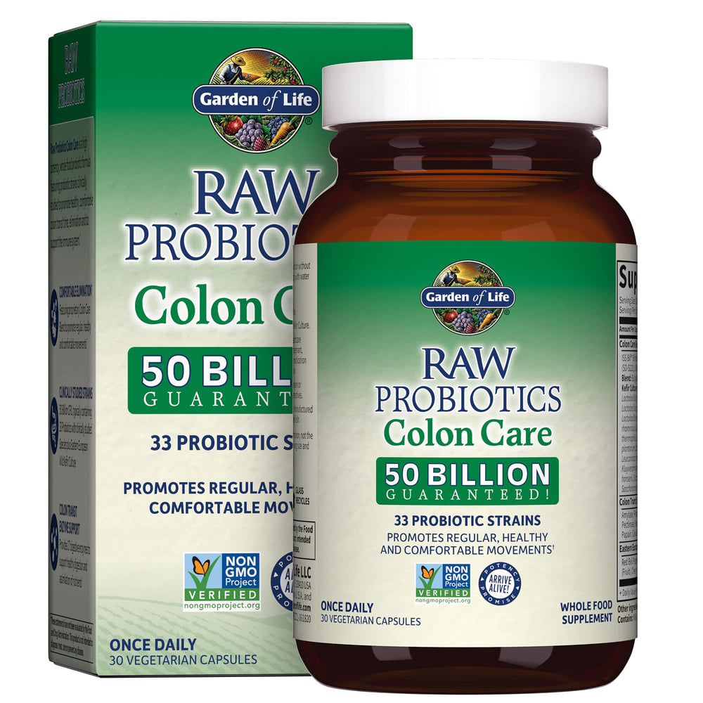 Garden of Life Raw Probiotics Colon Care bottle for daily digestive support with 50B cultures.