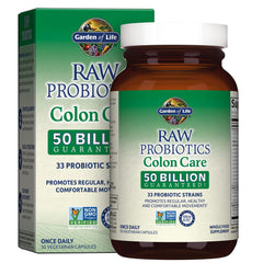 Garden of Life Raw Probiotics Colon Care bottle for daily digestive support with 50B cultures.