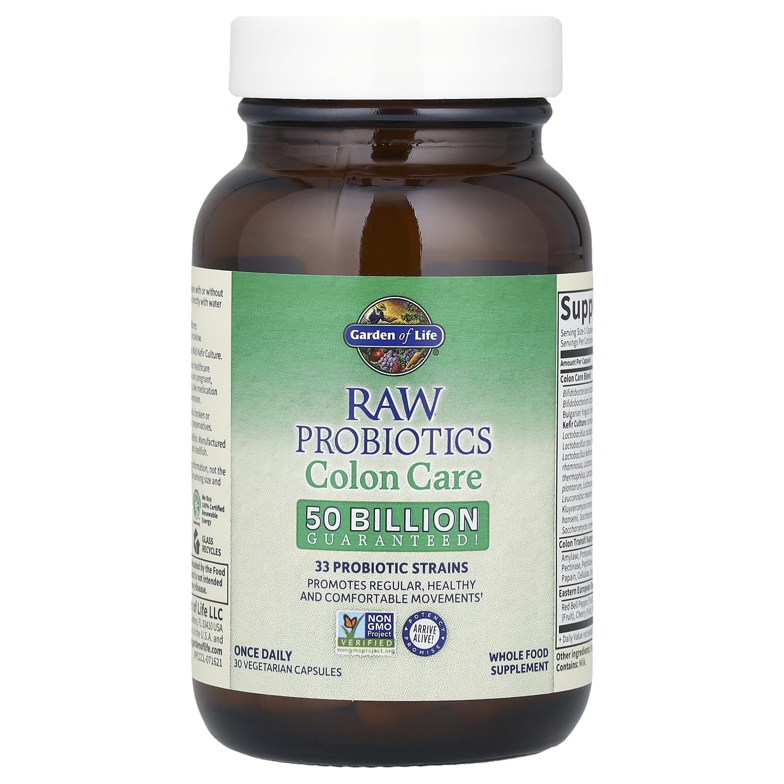 Garden of Life Colon Care label on box highlighting clean ingredients and non-GMO promise.