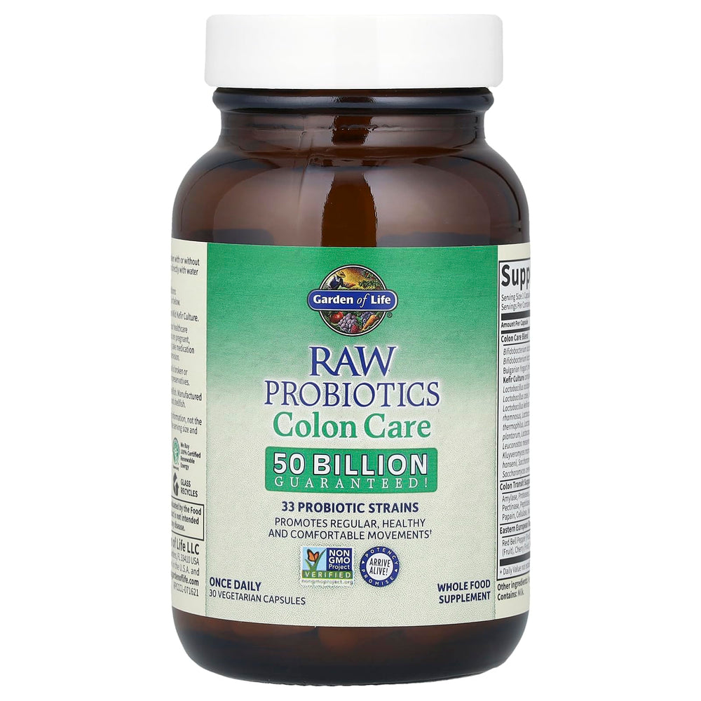 Garden of Life Colon Care label on box highlighting clean ingredients and non-GMO promise.