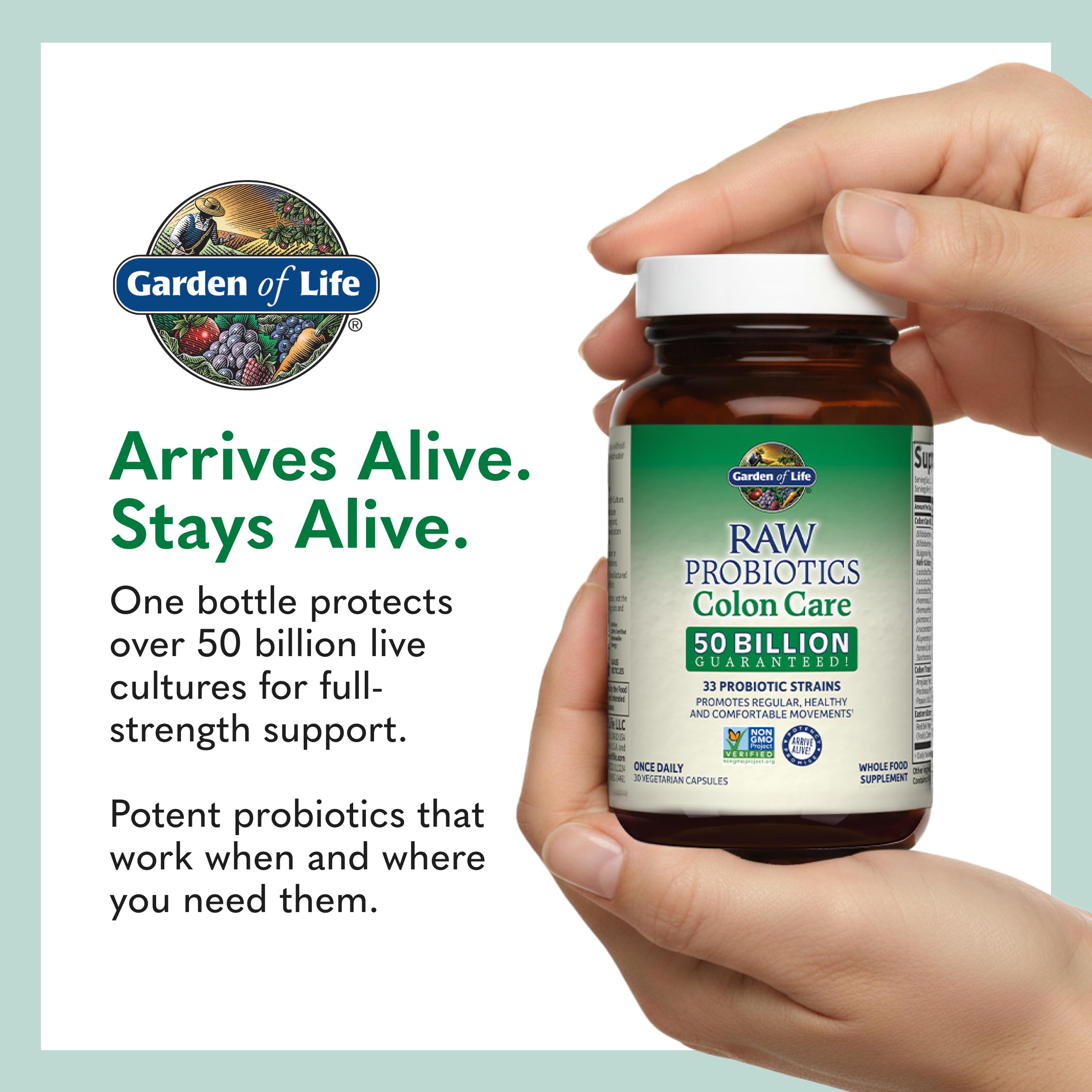 Garden of Life Colon Care capsules beside cup and spoon for daily use.