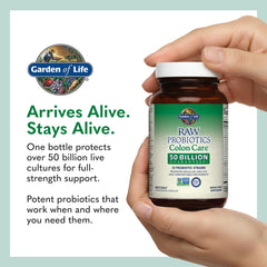 Garden of Life Colon Care capsules beside cup and spoon for daily use.