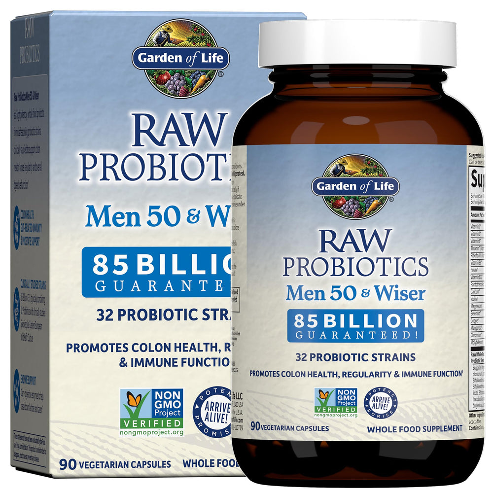 Garden of Life Raw Probiotics Men 50 & Wiser bottle label showing 85B cultures