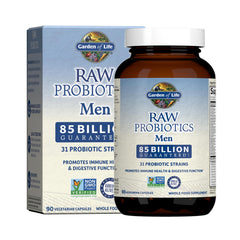 Garden of Life RAW Probiotics Men bottle close-up shows potency and label.