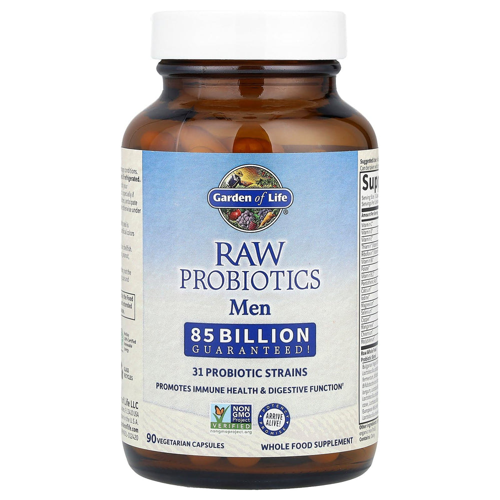 RAW Probiotics Men nutrition label displays 31 strains and nutrients.