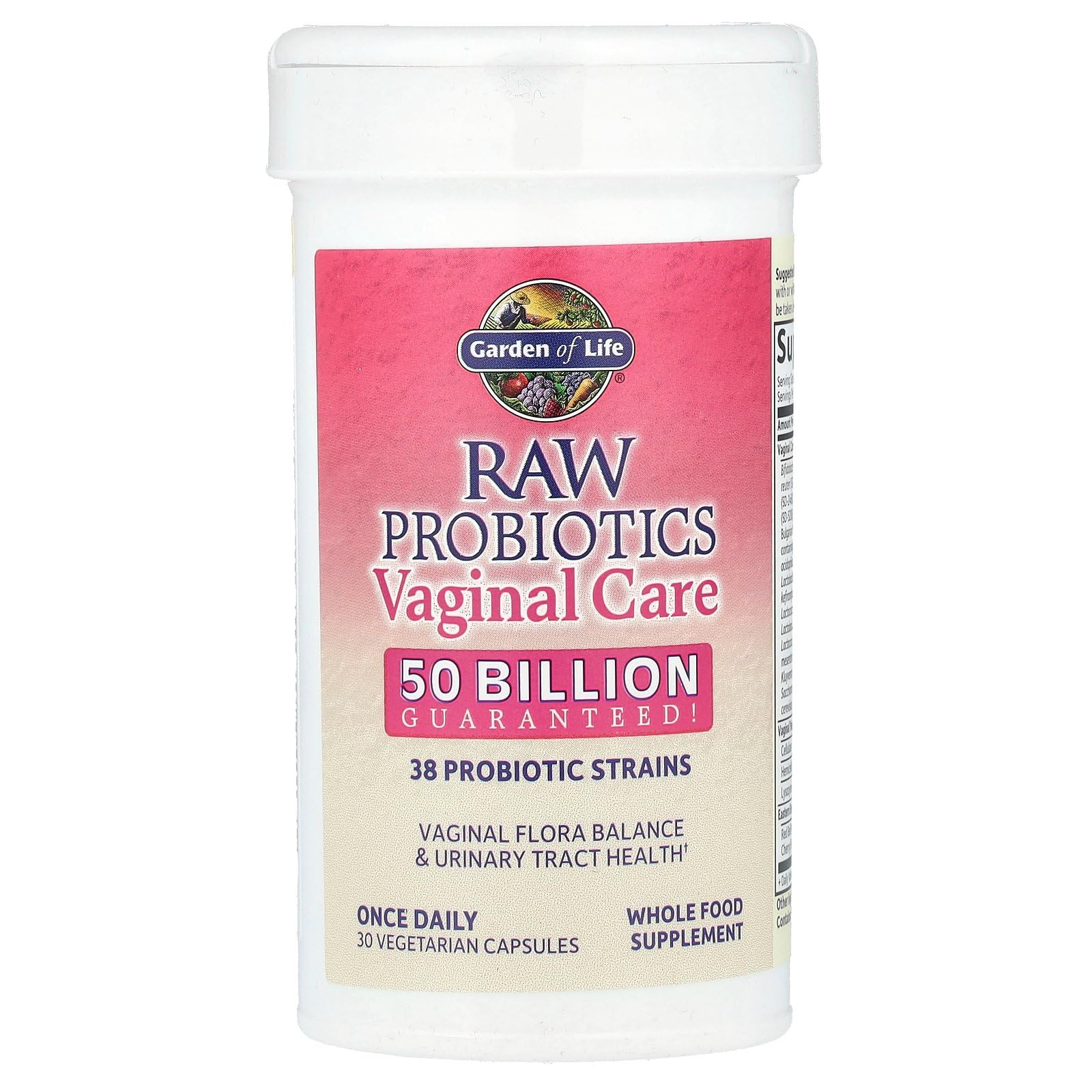 Garden of Life Raw Probiotics Vaginal Care capsules closeup showing veggie capsule